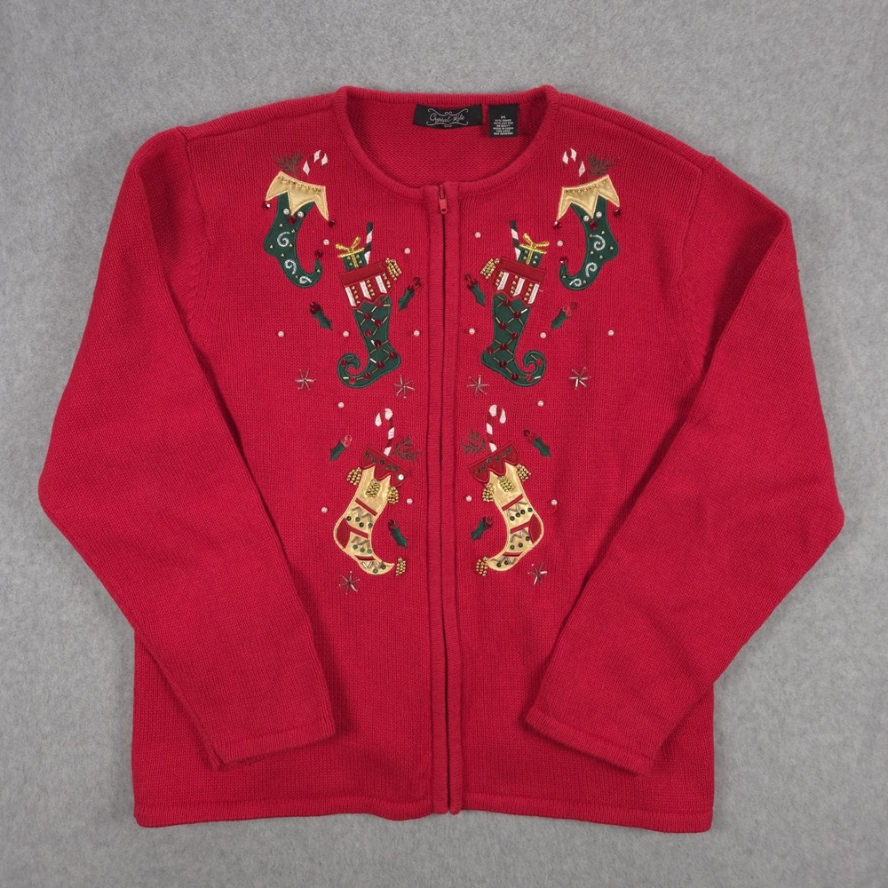 Crystal Kobe Womens Size Medium Red Stocking Sequin Christmas Holiday Sweater